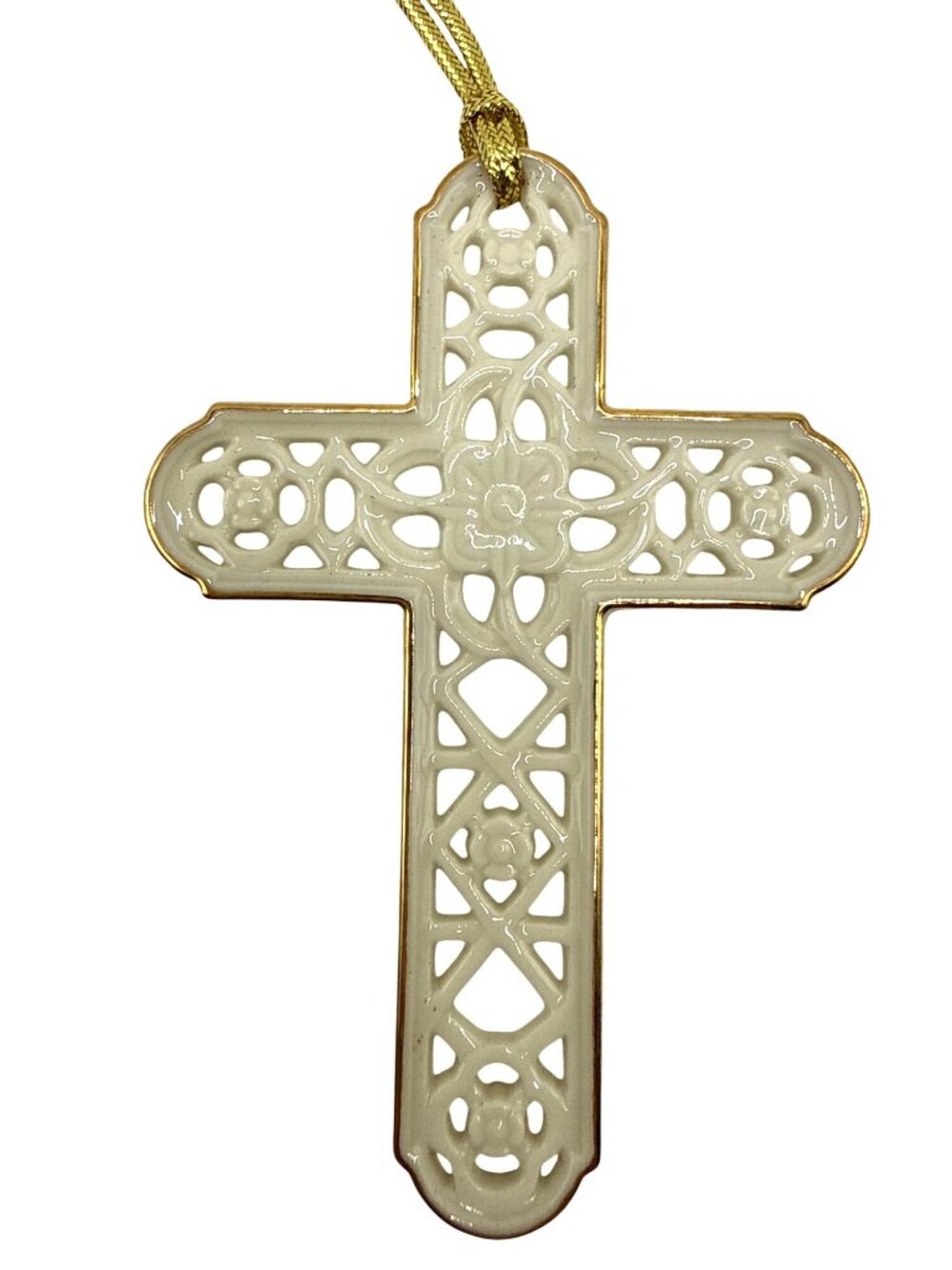 Vintage Lenox Christmas Ornament Porcelain Cross 3"x4" Gold Trim Latticework Box - Picture 3 of 5